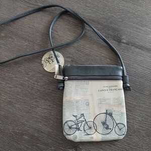 ESPE Vegan French Country Mini Swing Crossbody Bag Bike Newspaper Design